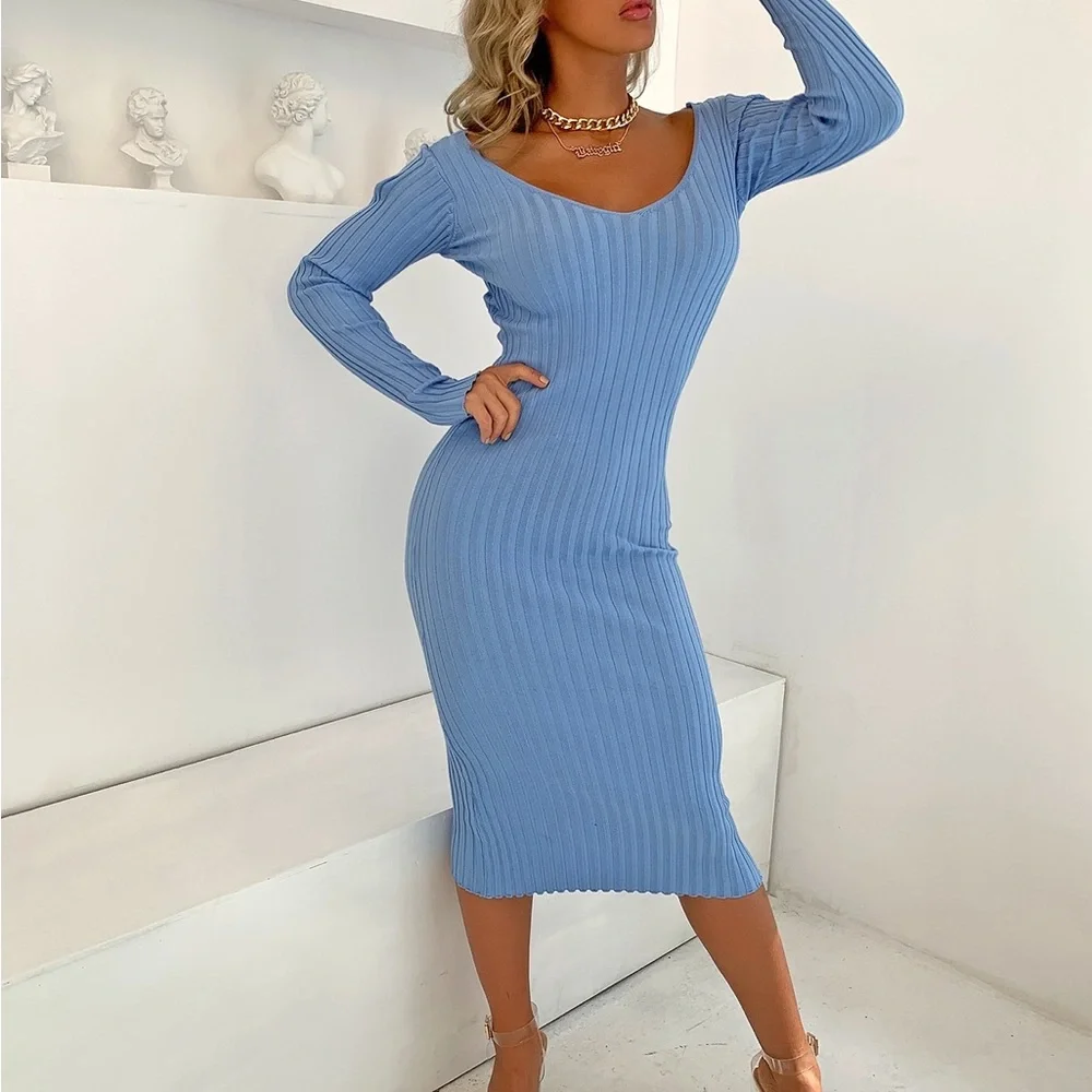 Midi Sweater Dress Long Sleeve Ribbed V-Neck - Picture 3 of 3